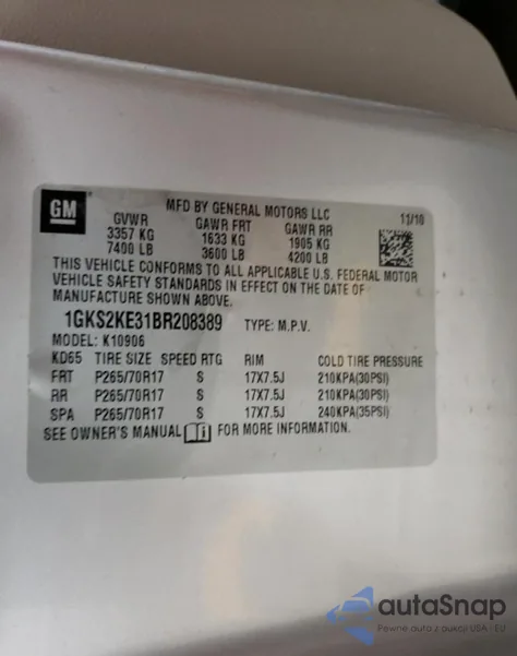 2011 GMC Yukon Xl K1500 Slt z USA, uszkodzony, nr VIN 1GKS2KE31BR208389